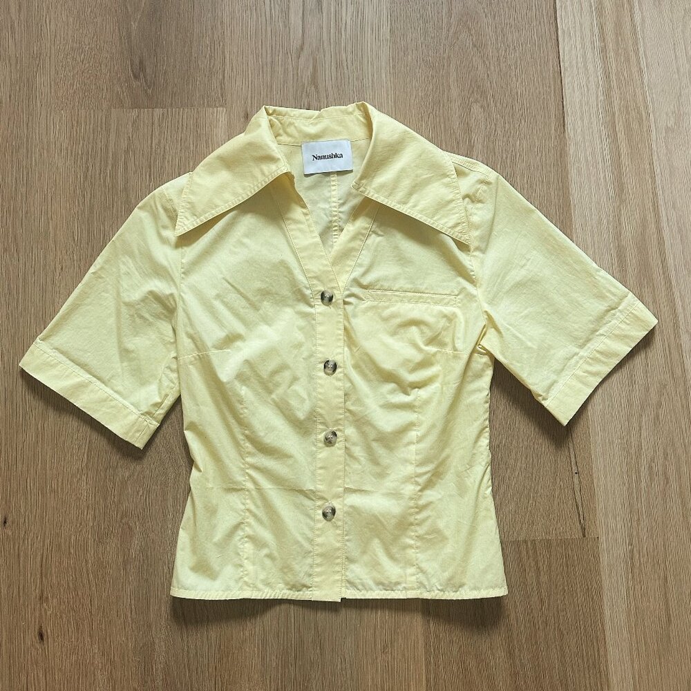 Nanushka "Yusra" Wide Collar Short Sleeve Shirt, size XXS